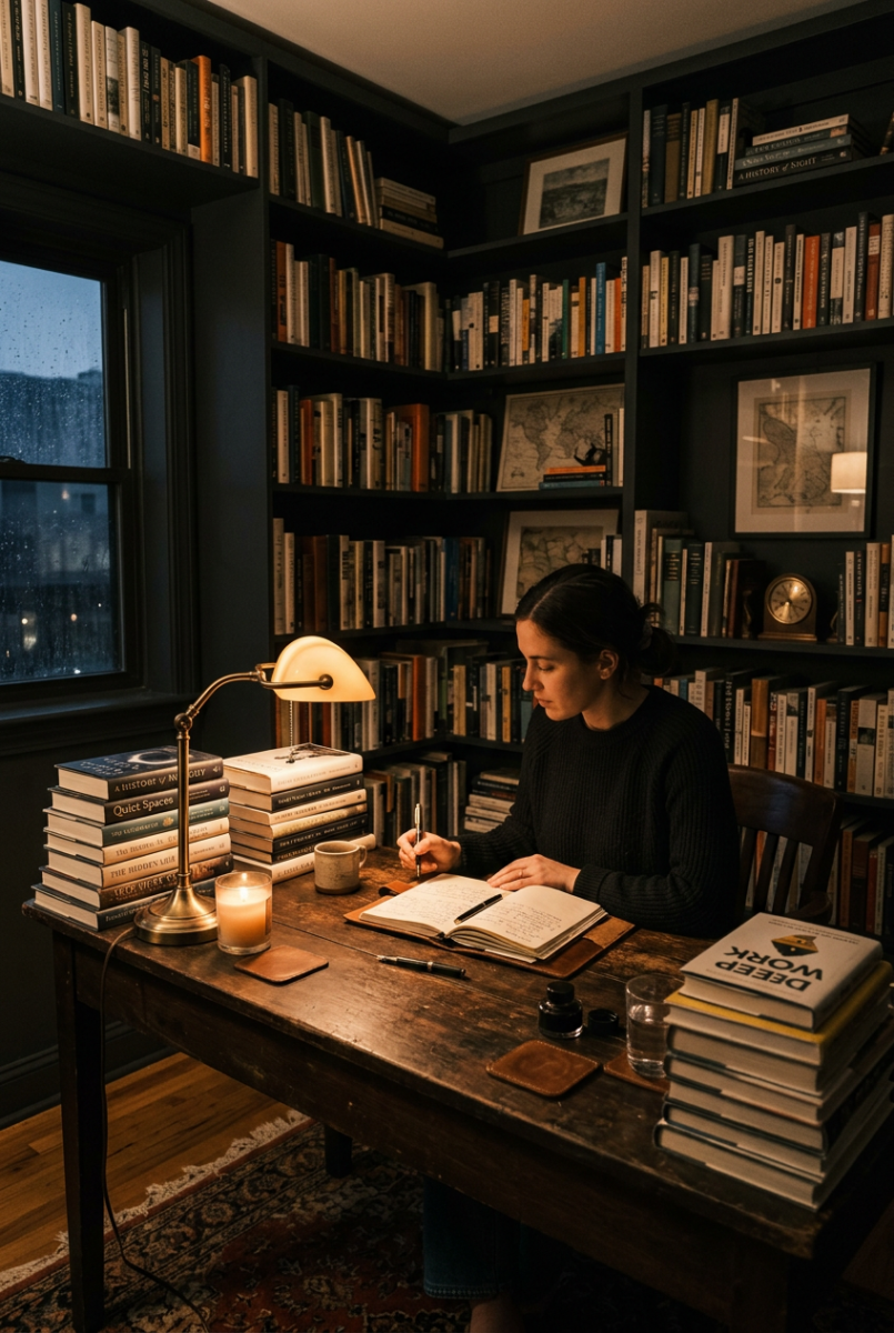 Woman writing in journal at wooden desk in dimly lit home library with floor-to-ceiling bookshelves and brass lamp