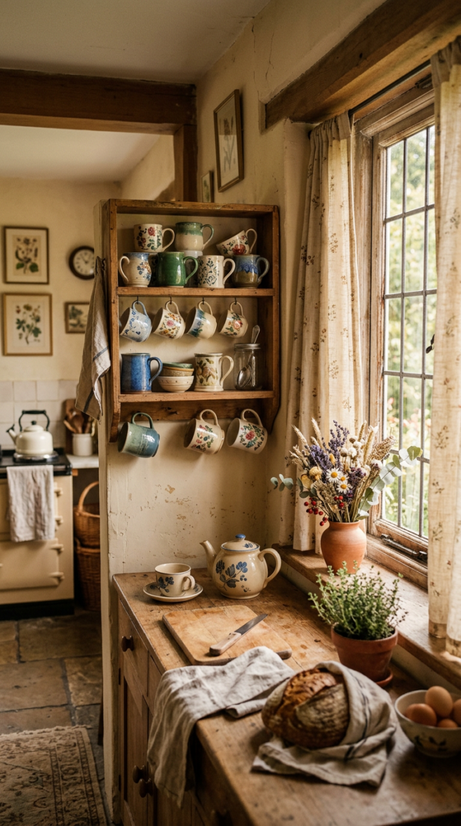 Rustic English cottage kitchen with wooden shelves displaying floral mugs, teapot, fresh wildflowers, and artisan bread by a sunlit window