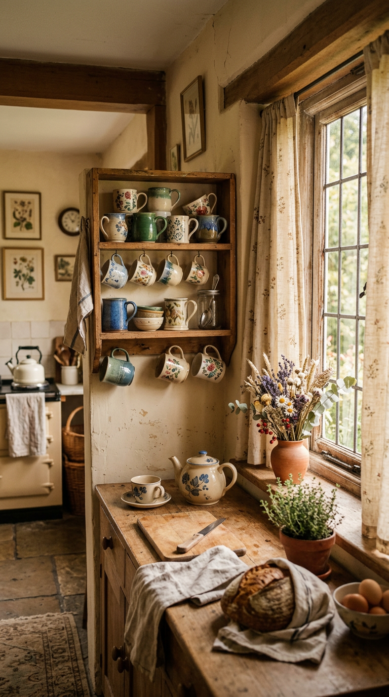 Rustic English cottage kitchen with wooden shelves displaying floral mugs, teapot, fresh wildflowers, and artisan bread by a sunlit window