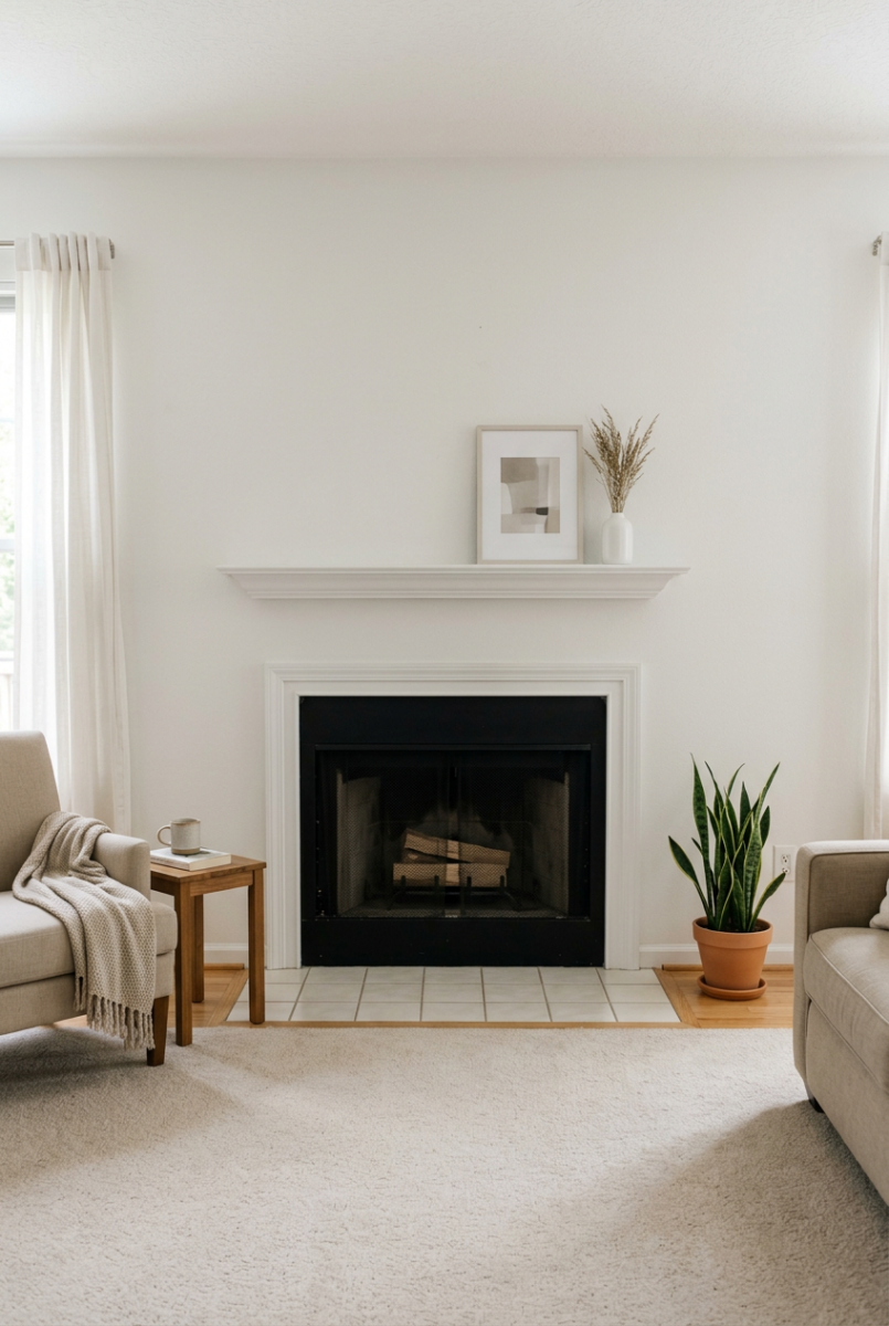 Minimalist living room with white fireplace, snake plant, neutral armchairs, and cozy throw blanket on carpet