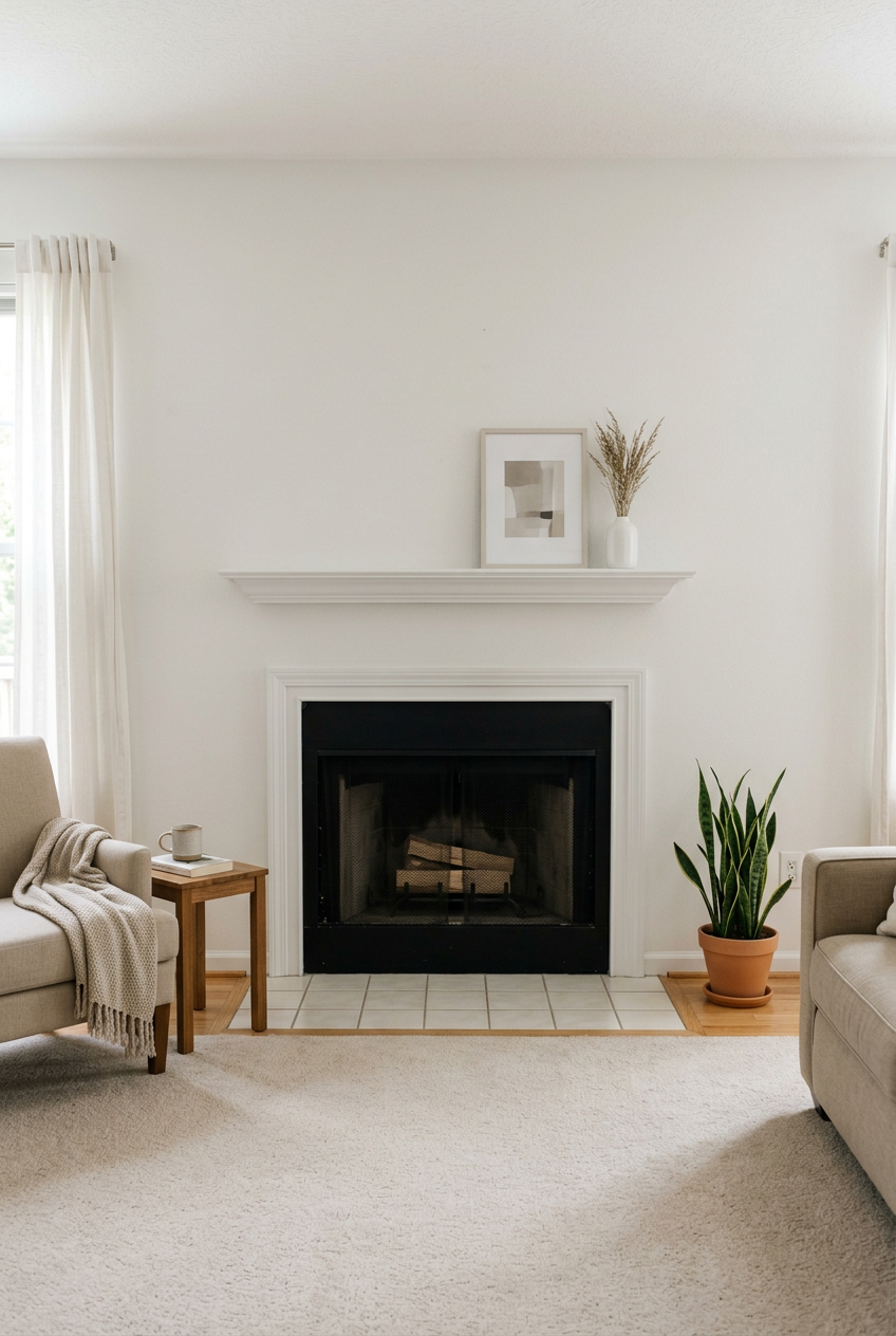 Minimalist living room with white fireplace, snake plant, neutral armchairs, and cozy throw blanket on carpet