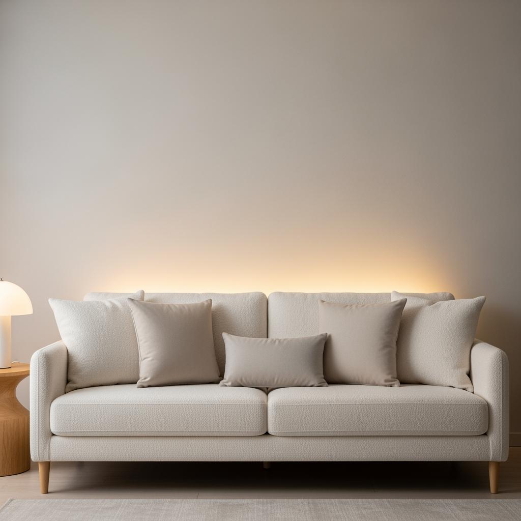 Modern minimalist white boucle sofa with beige throw pillows and warm ambient lighting against a neutral wall
