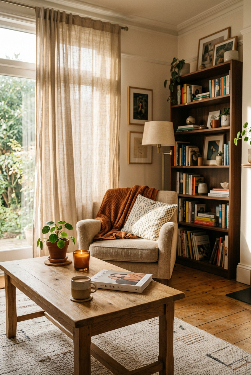 Cozy living room reading nook with beige armchair, rust throw blanket, wooden bookshelf, coffee table with Kinfolk magazine and candle