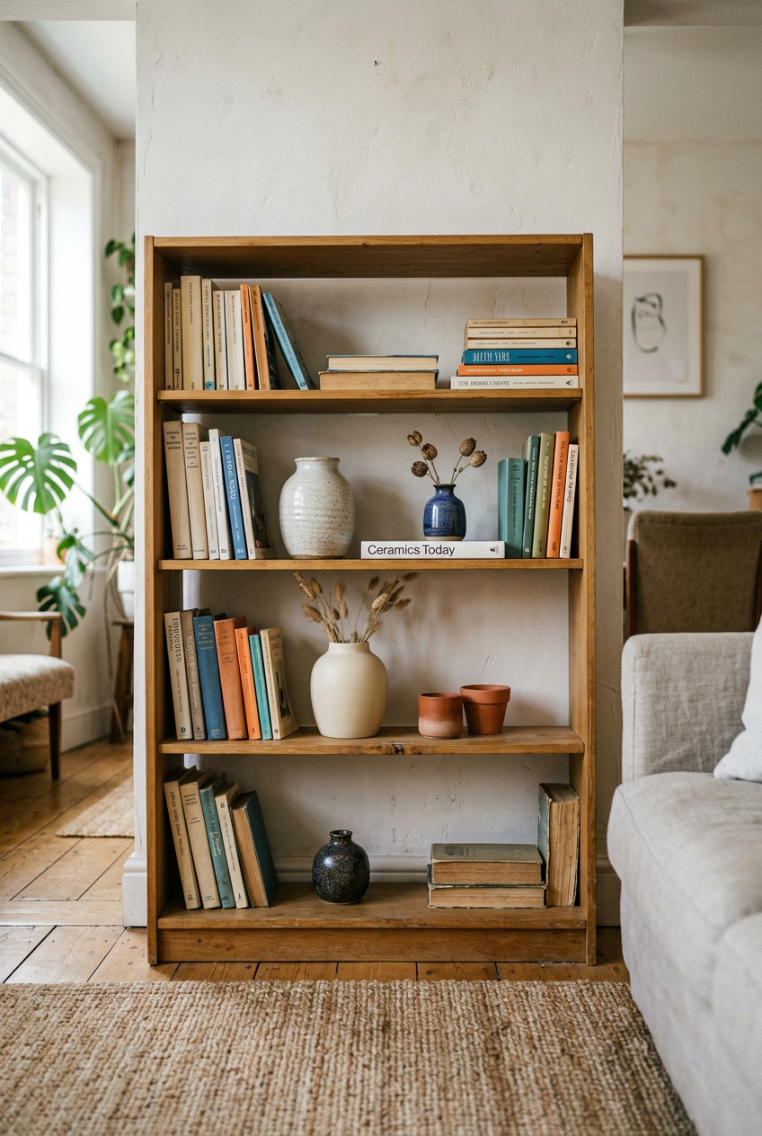 Rustic wooden bookshelf with books, ceramic vases, and dried flowers in a bright living room