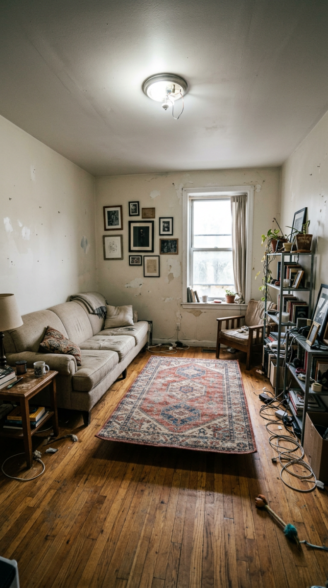 Cozy but cluttered apartment living room with beige sofa, Persian rug, gallery wall, and hardwood floors