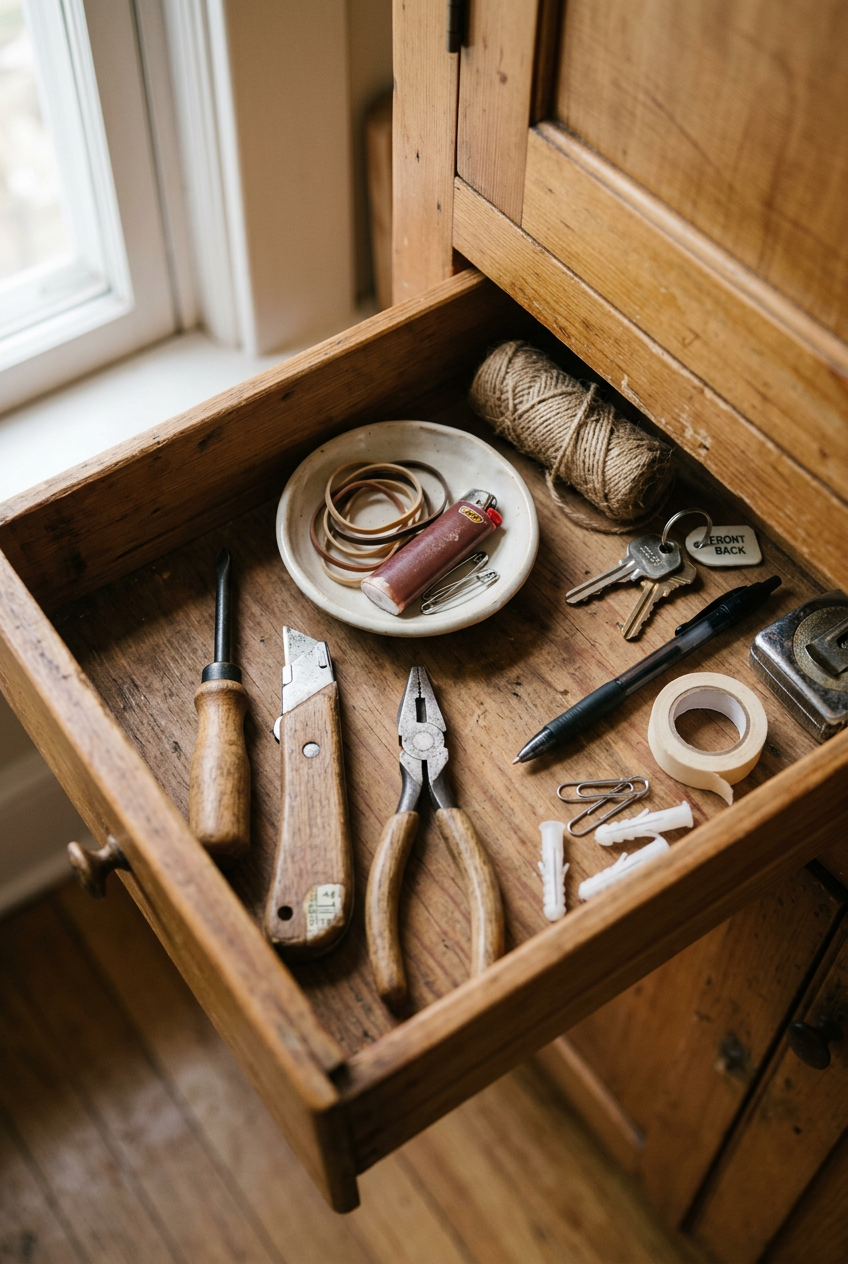 Open wooden drawer containing pliers, utility knife, screwdriver, keys, twine, tape, rubber bands, lighter, and paperclips