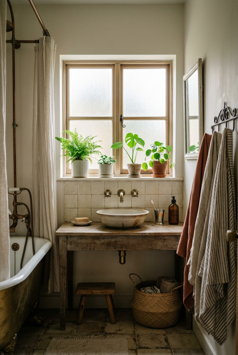 Rustic bathroom with vessel sink on wood vanity, clawfoot tub, potted plants on windowsill, and linen towels