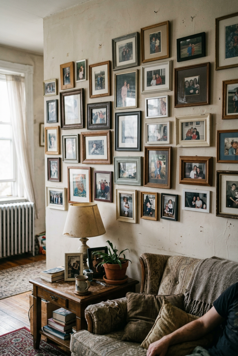 Cozy living room gallery wall with dozens of family photos in mismatched frames above a worn sofa and side table with lamp