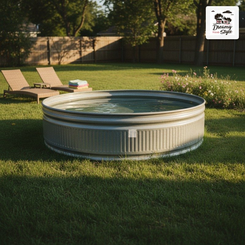 Galvanized steel stock tank pool on green backyard lawn with lounge chairs and flower garden