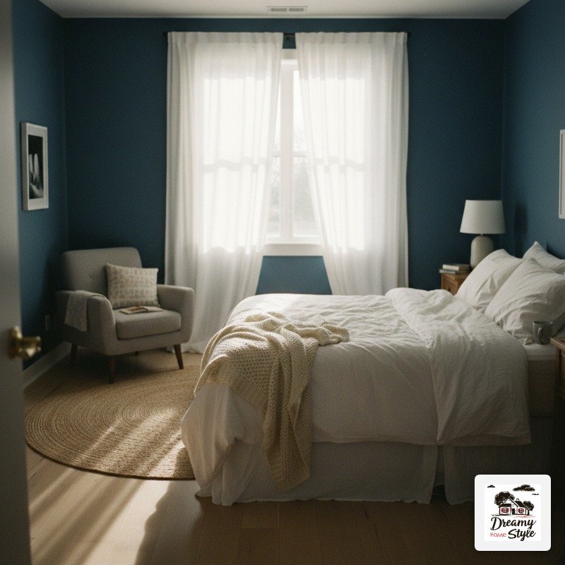 Cozy blue bedroom with white bedding, gray armchair, jute rug, and sheer white curtains by a bright window