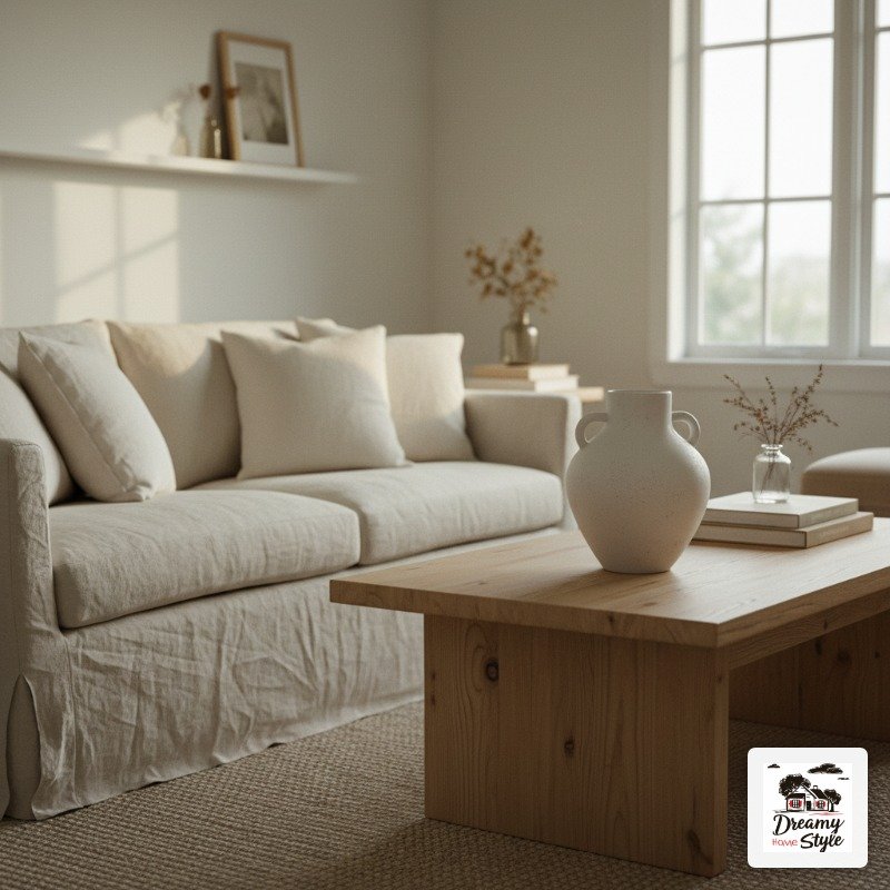 Minimalist living room with cream linen sofa, rustic wood coffee table, white ceramic vase, and neutral decor
