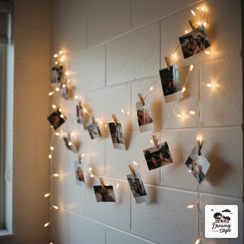 Warm fairy string lights with wooden clothespins holding polaroid photos on a white brick wall