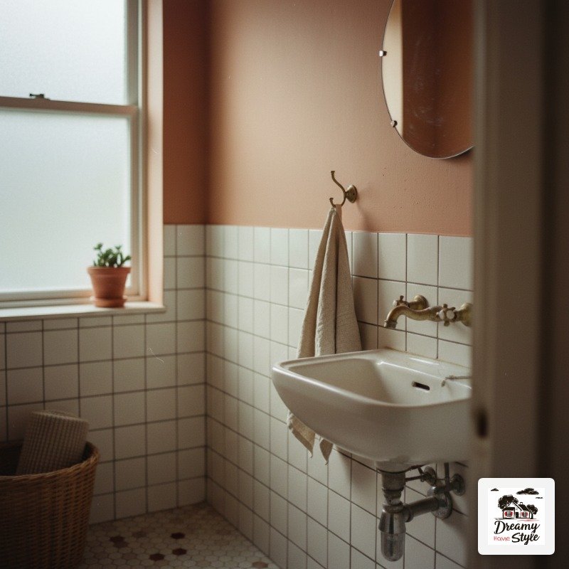 Vintage-style bathroom with white square tiles, terracotta pink walls, wall-mounted sink, brass faucets, and a round mirror
