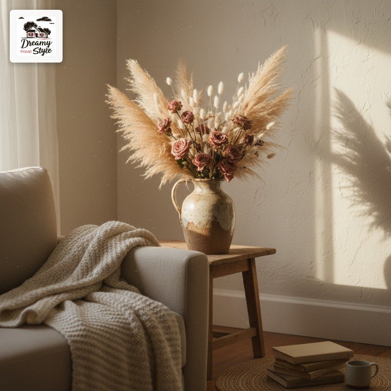 Bohemian living room vignette with pampas grass and dried roses in ceramic vase on wooden stool beside gray armchair