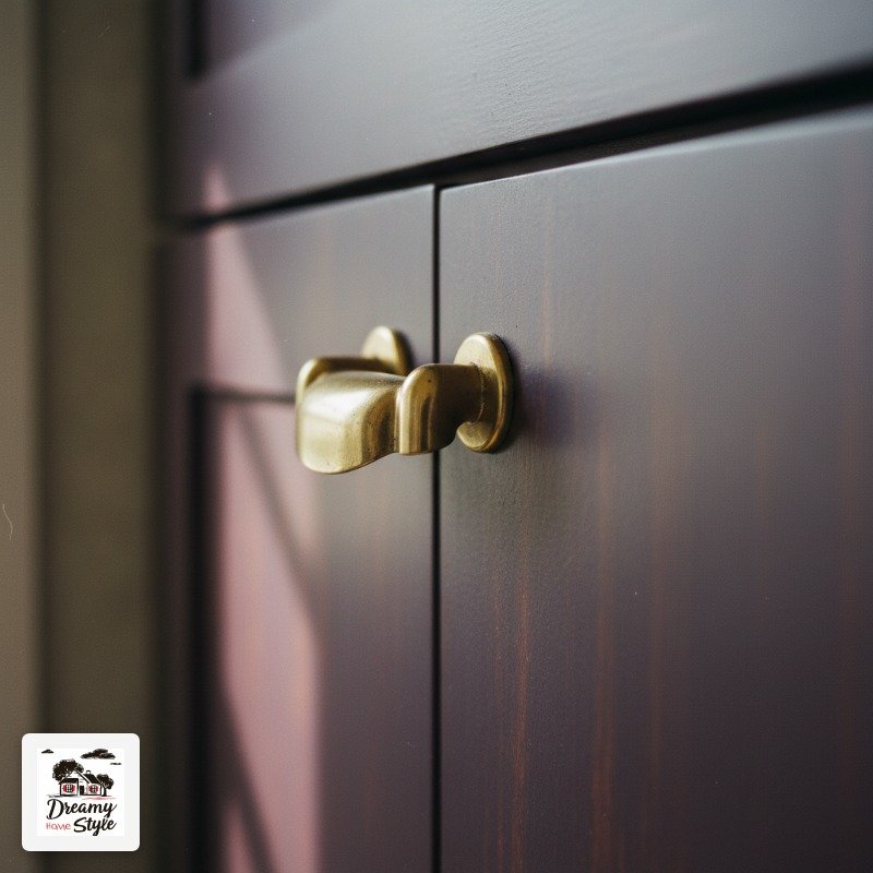Antique brass cabinet knob on dark espresso wood cabinet doors with shaker-style panels
