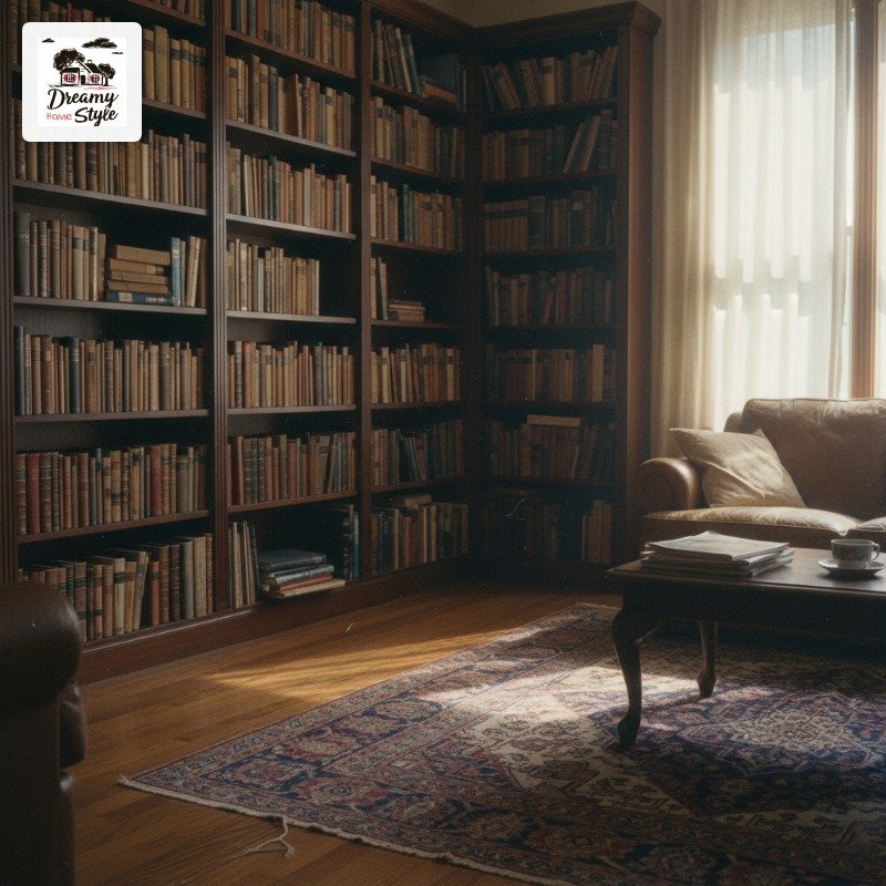Cozy home library with floor-to-ceiling dark wood bookshelves, leather sofa, Persian rug, and natural window light