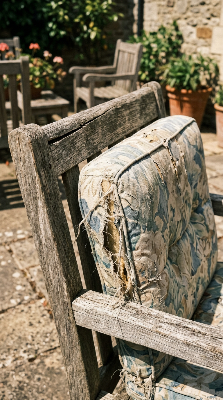 Weathered wooden garden chair with torn floral cushion in a stone courtyard with potted plants