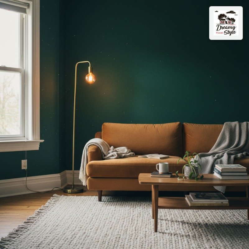 Cozy living room with dark green walls, tan leather sofa, brass floor lamp, and mid-century modern coffee table
