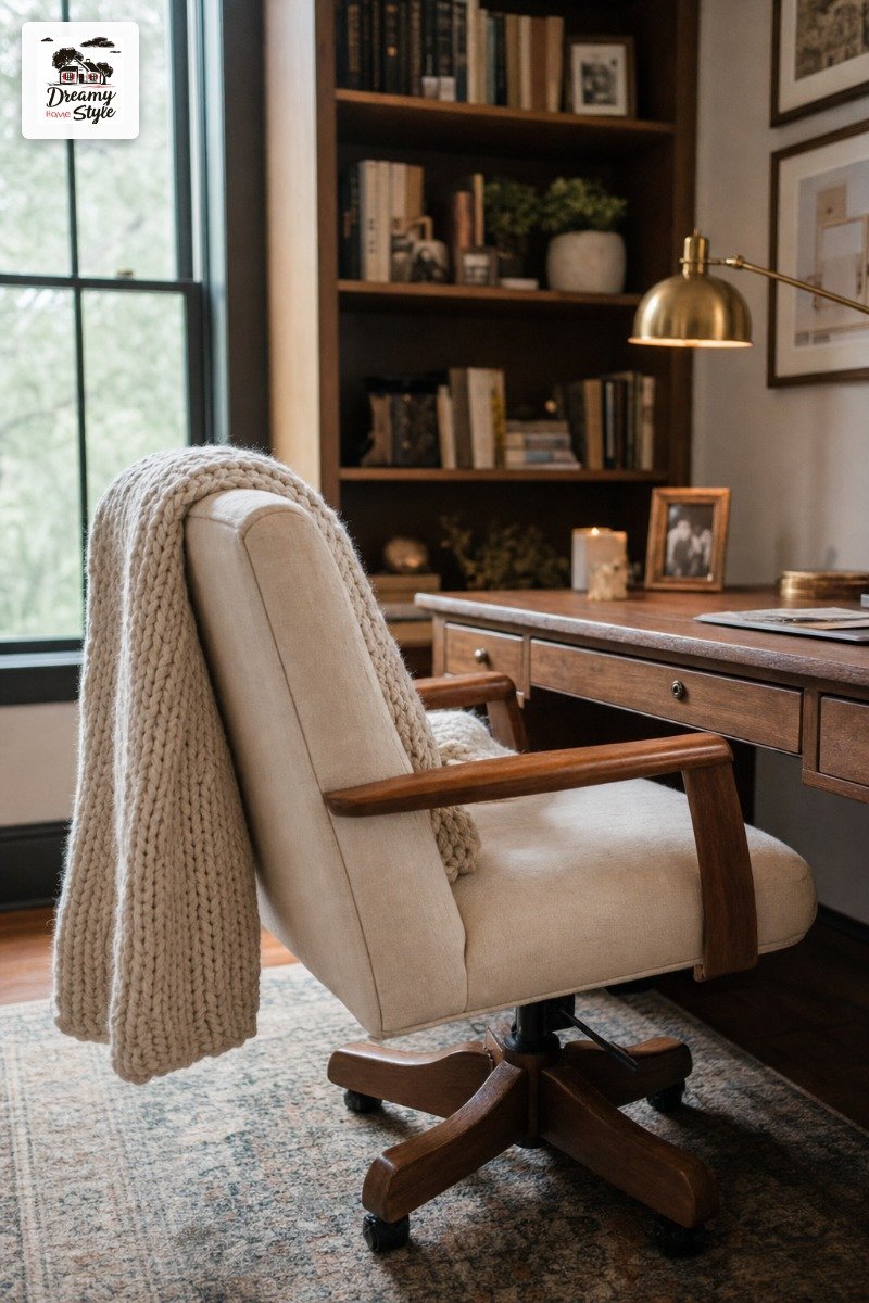 Cozy home office with cream upholstered wood-arm desk chair, chunky knit throw, dark wood desk, brass lamp, and built-in bookshelf