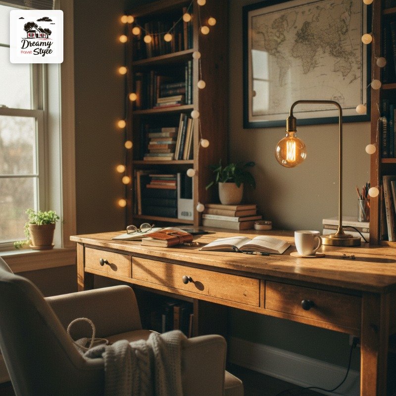 Cozy rustic wooden home office desk with open book, Edison bulb lamp, coffee mug, and bookshelf with string lights