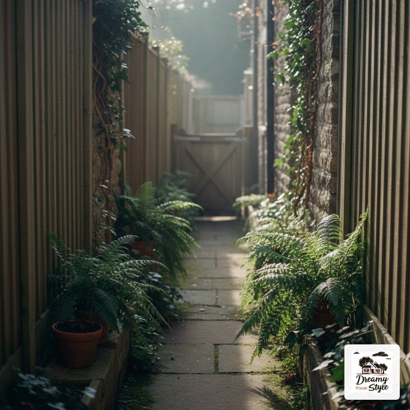 Narrow garden pathway lined with lush ferns and climbing vines between stone and wooden walls leading to a wooden gate