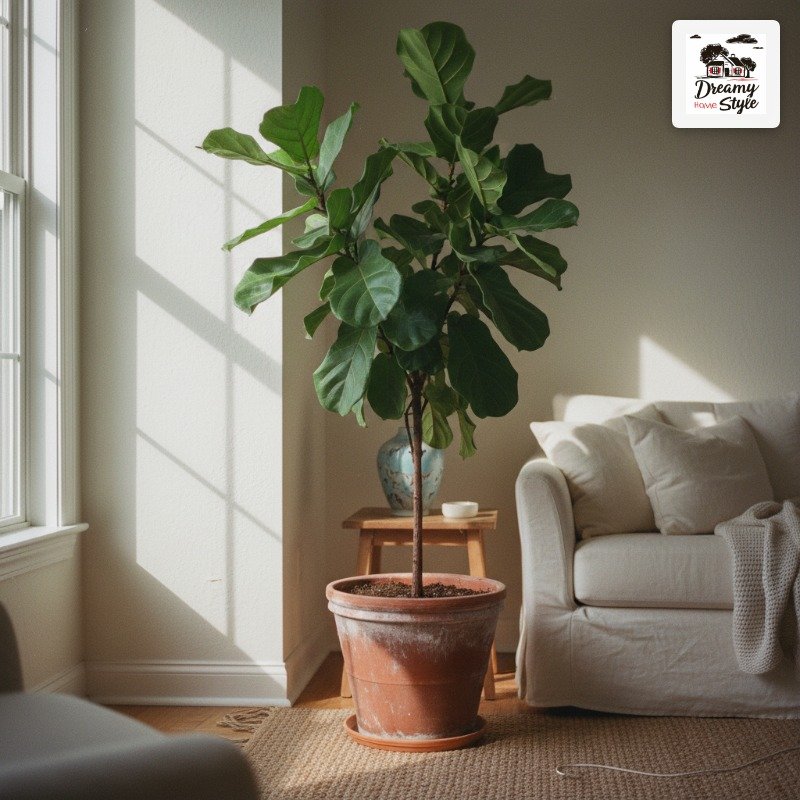 Large fiddle leaf fig tree in terracotta pot placed in bright living room corner near white sofa
