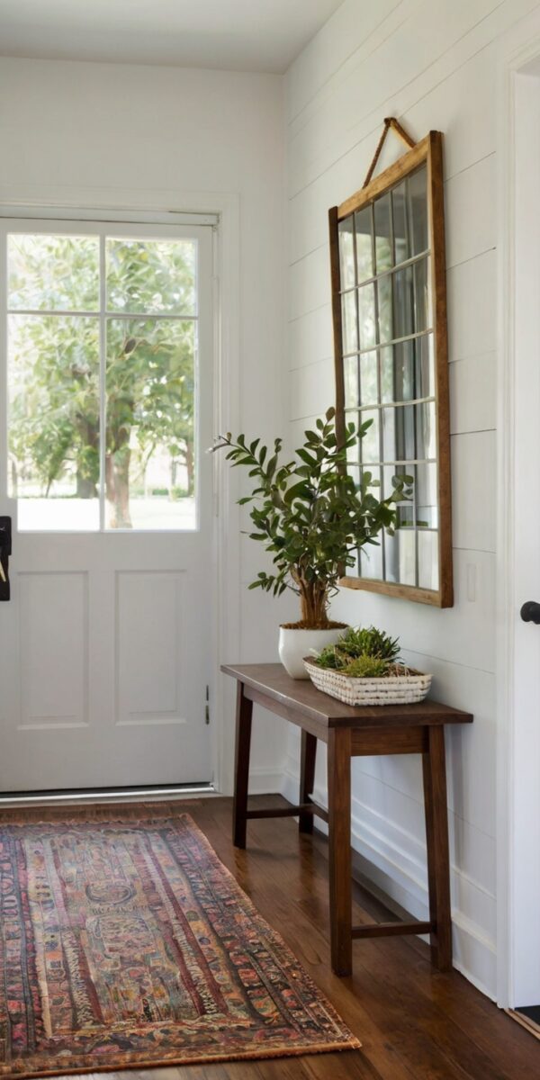 Farmhouse entryway with white shiplap walls, dark wood console table, potted plant, grid mirror, and colorful runner rug