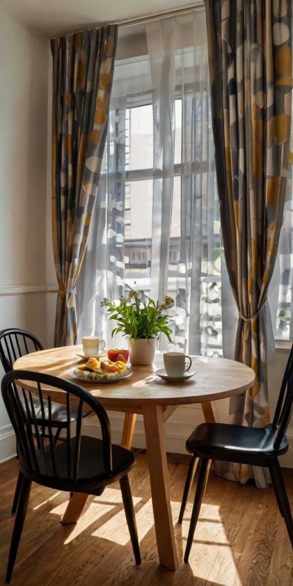 Cozy breakfast nook with round wooden table, black chairs, patterned curtains, and morning coffee setup by sunny window