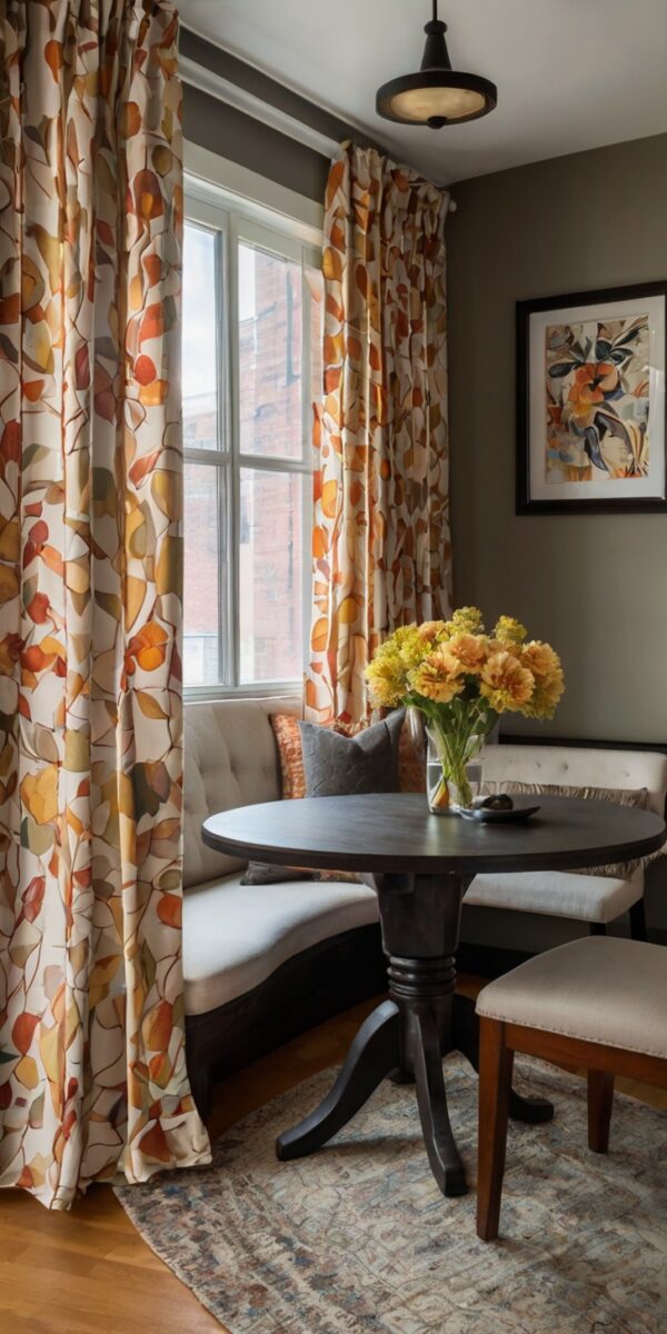 Cozy dining nook with autumn leaf patterned curtains, dark round pedestal table, curved bench, and yellow flower bouquet