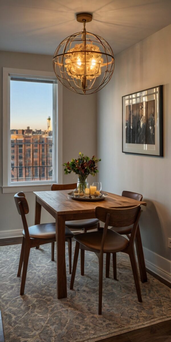Cozy urban dining room with wooden table, four chairs, globe chandelier, and city view window