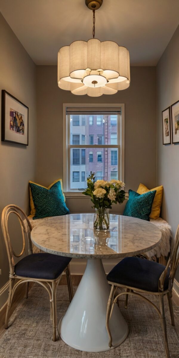Cozy urban dining nook with marble tulip table, rattan chairs, teal pillows, and floral pendant light