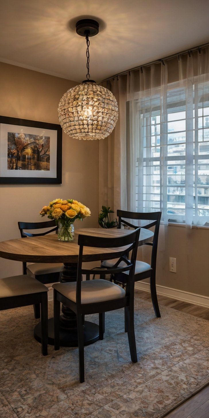 Cozy dining room with round wood table, dark chairs, crystal globe pendant light, and yellow roses centerpiece