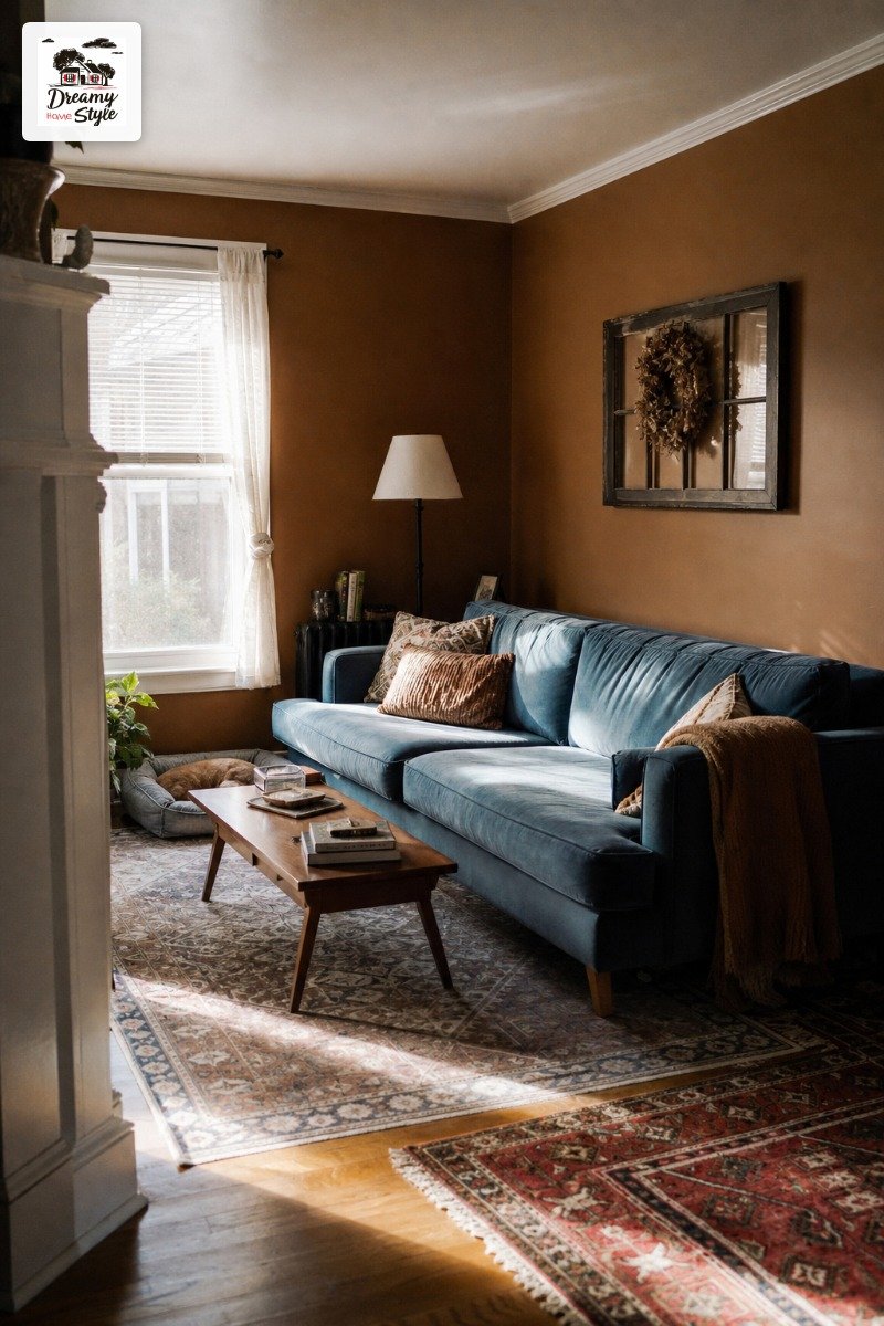 Caramel Brown + Dusty Blue + Warm White