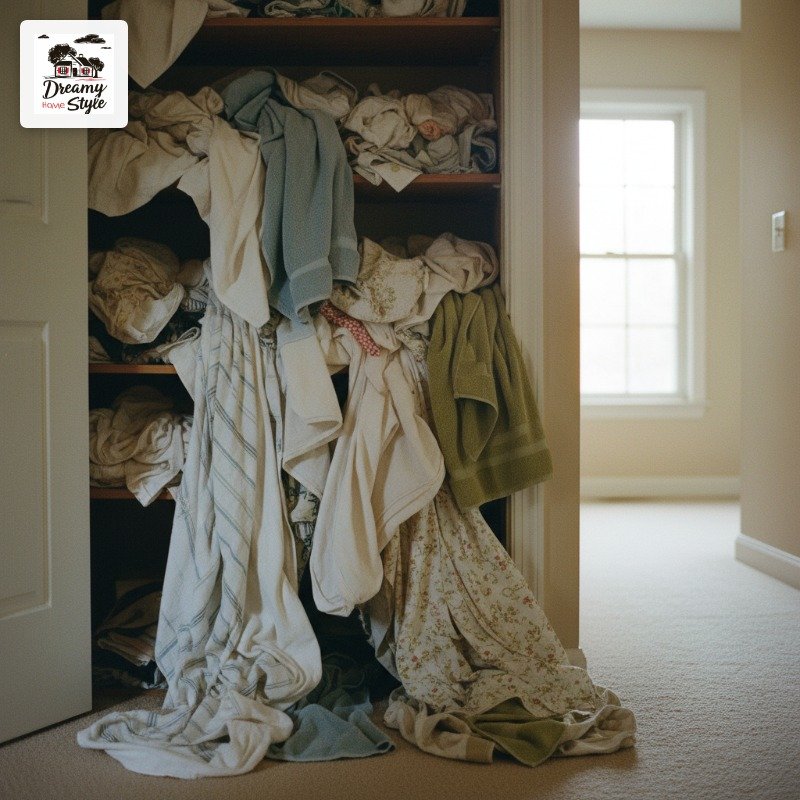 Overflowing linen closet with towels and bedsheets spilling onto carpeted floor in a home hallway