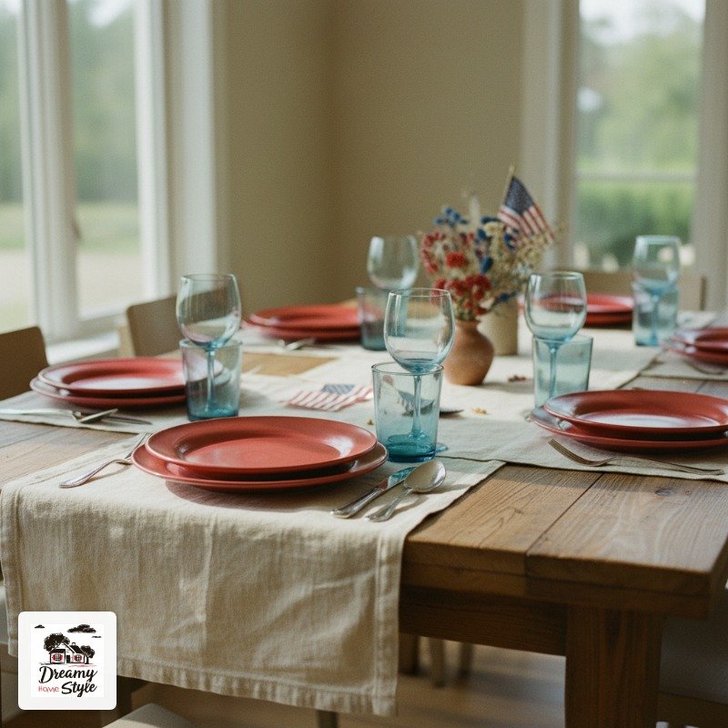 Patriotic American table setting with red plates, blue glassware, and US flag centerpiece on rustic wood table