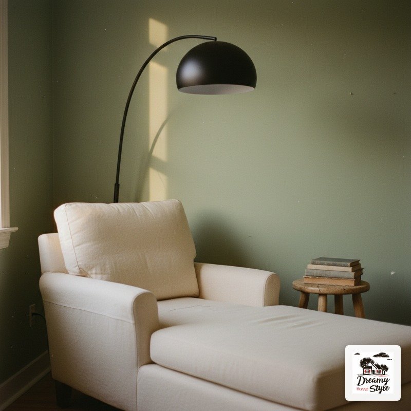 Cozy reading nook with cream armchair, black arc floor lamp, and wooden stool with stacked books against sage green wall