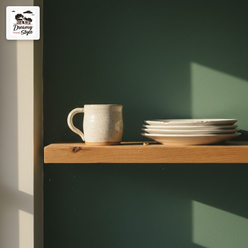 Open Shelving in a Color-Drenched Kitchen — Yes, Paint Behind Them Too