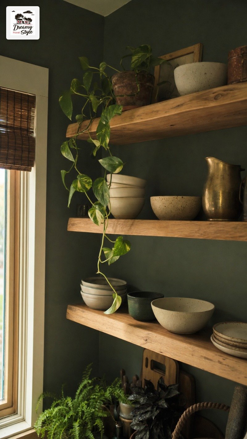 Open Shelving in a Color-Drenched Kitchen — Yes, Paint Behind Them Too