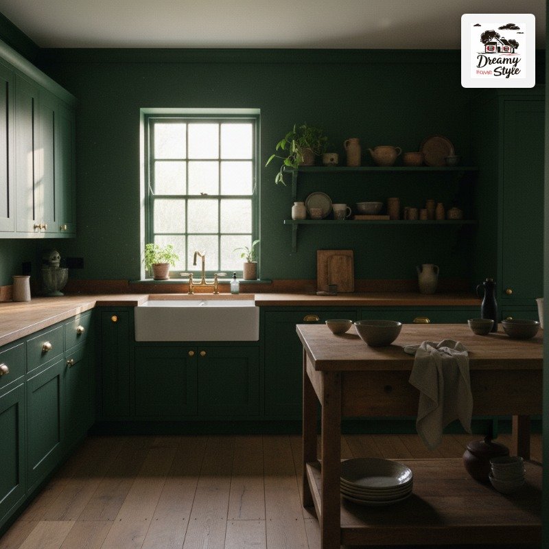 Dark green shaker kitchen with farmhouse sink, brass hardware, wood countertops, and open shelving