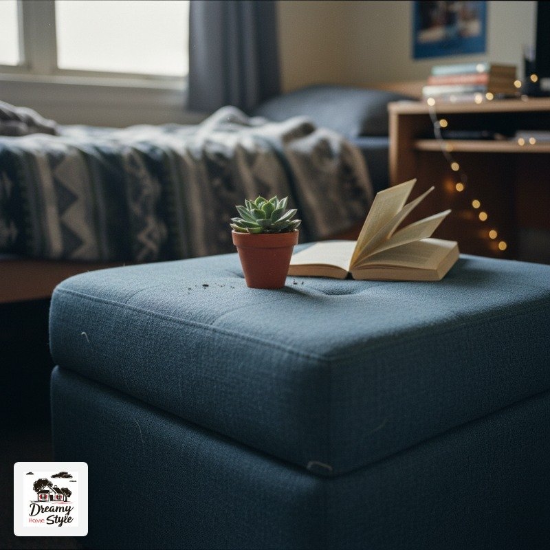 Use a Blue Storage Ottoman as Seating AND Hidden Storage