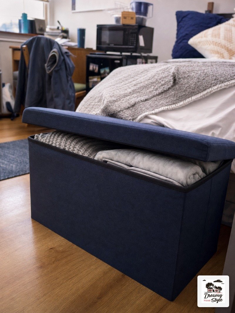 Use a Blue Storage Ottoman as Seating AND Hidden Storage