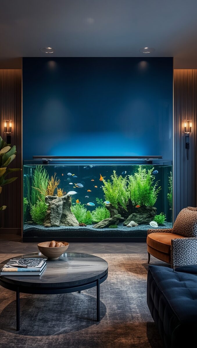 Luxury living room with large built-in wall aquarium featuring colorful fish, green aquatic plants, and rocks against a deep blue accent wall