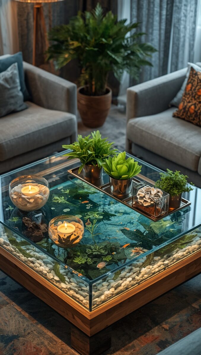Aquarium coffee table with live fish, aquatic plants, and white pebbles topped with candles and succulents