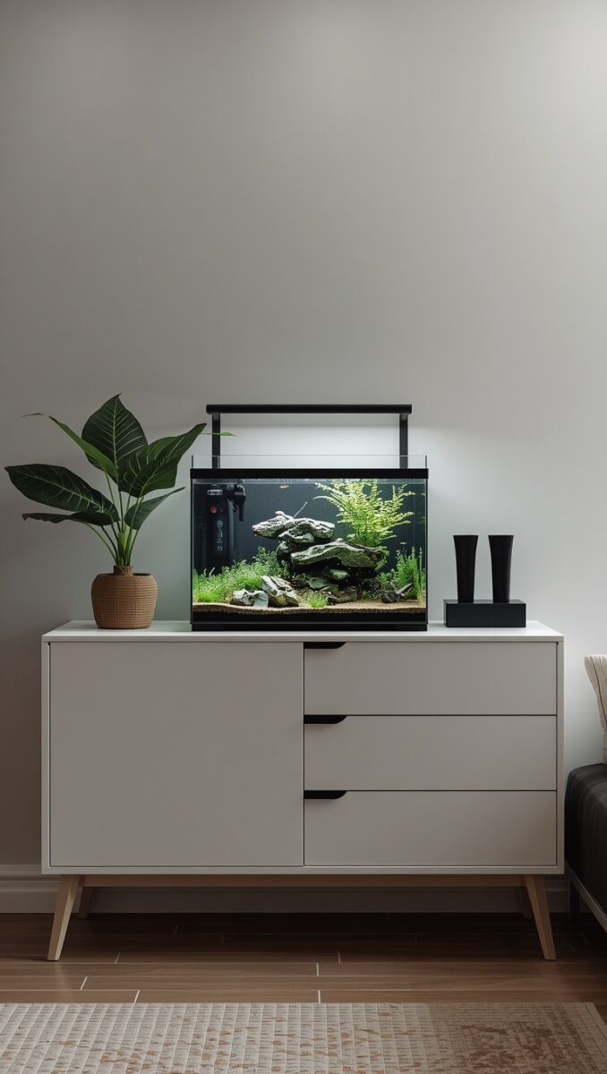Minimalist planted aquarium with rocks and green plants on a white modern sideboard beside a potted tropical plant