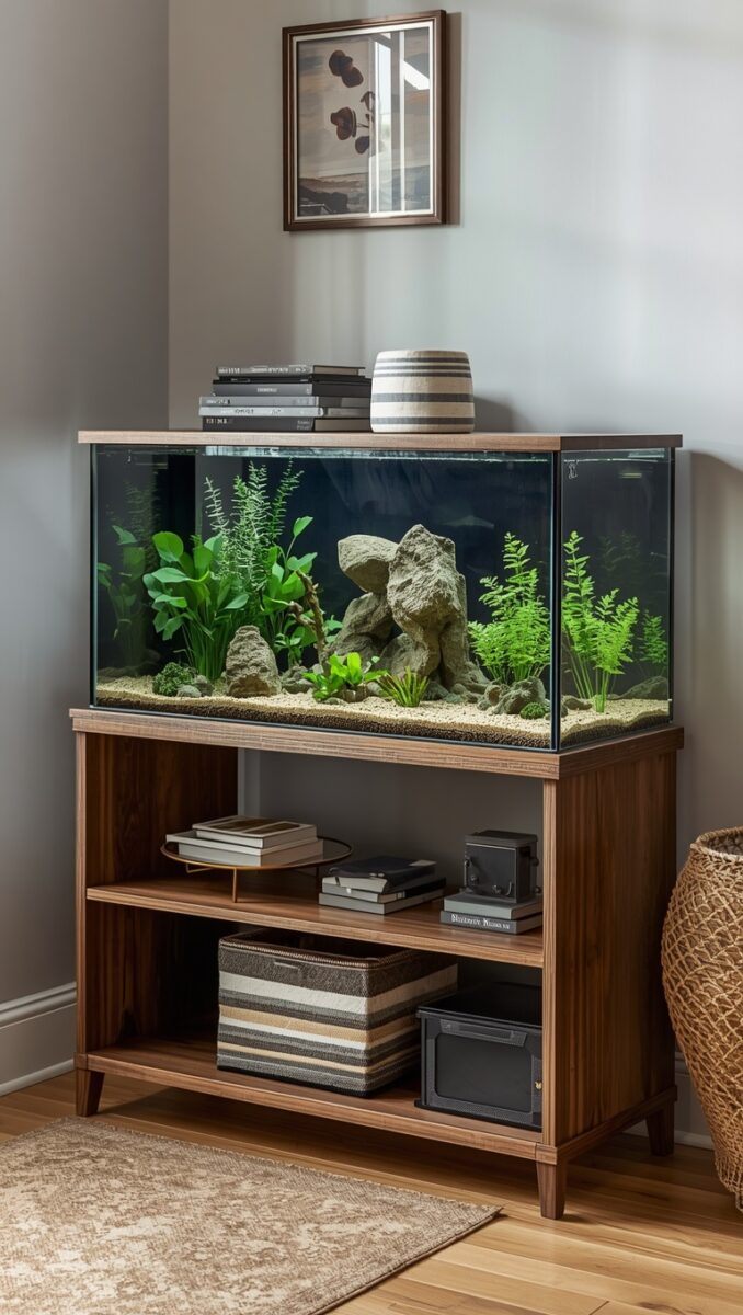Planted freshwater aquarium on wooden stand with live green plants, rocks, and sand substrate in modern living room