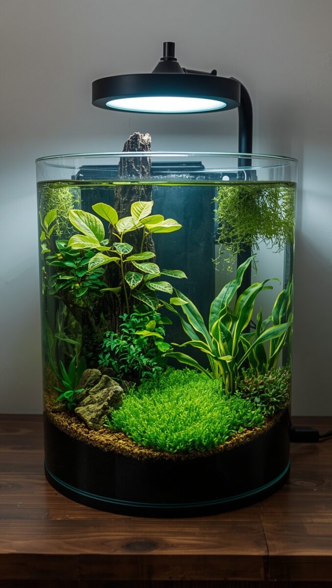 Cylindrical planted nano aquarium with lush green aquatic plants, driftwood, rocks, and overhead LED grow light on wooden surface