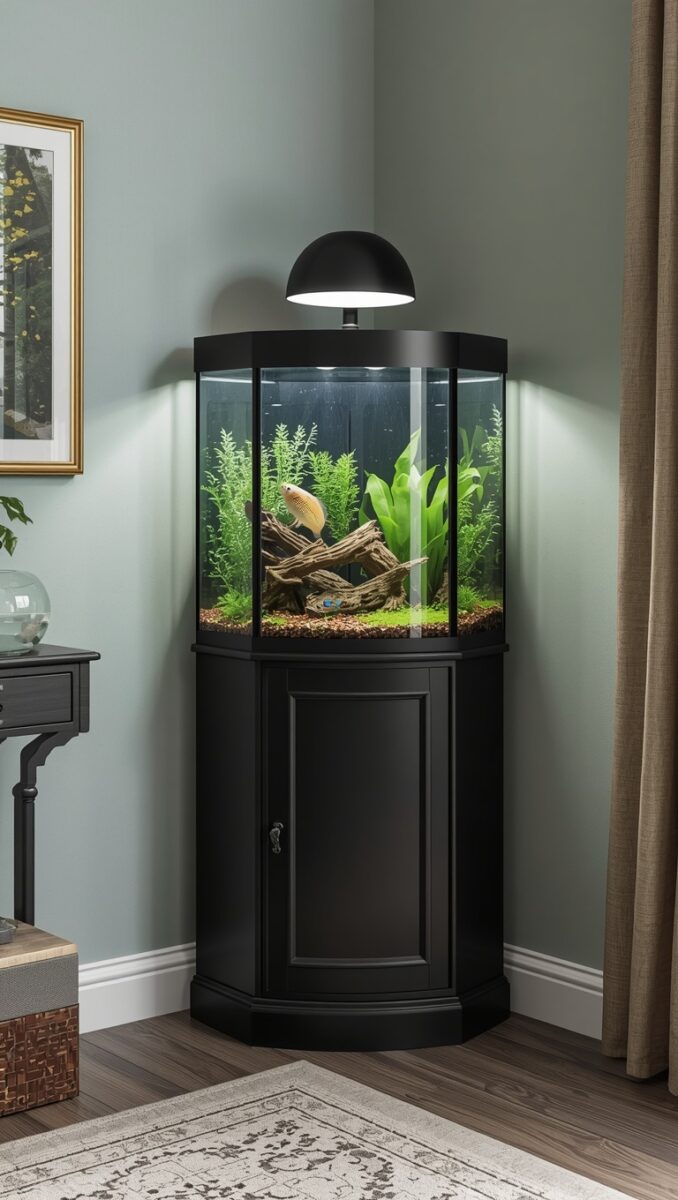 Corner aquarium tank with black cabinet stand, live plants, driftwood, and a single fish in a home living room