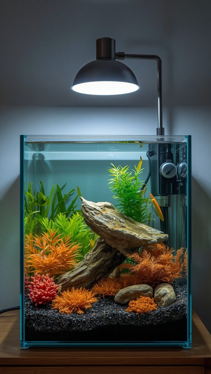 Small desktop aquarium with orange and green aquatic plants, driftwood, rocks, and orange fish under a pendant lamp
