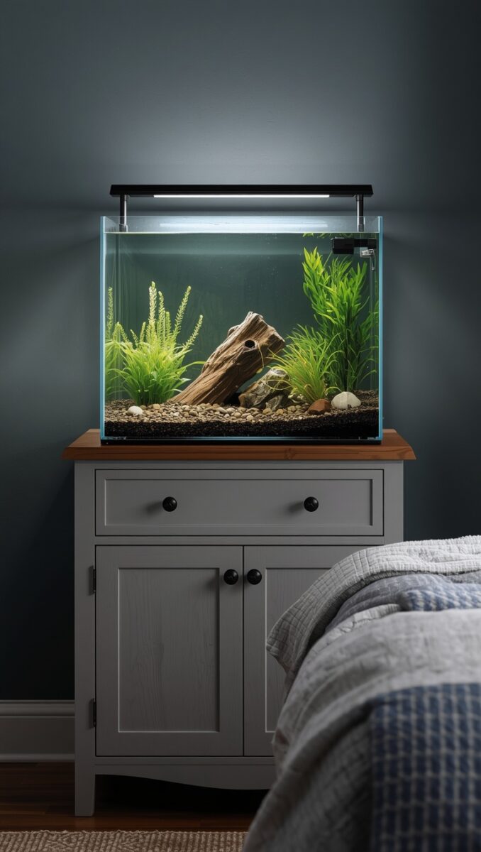 Planted freshwater aquarium with driftwood and green aquatic plants on a gray bedroom nightstand