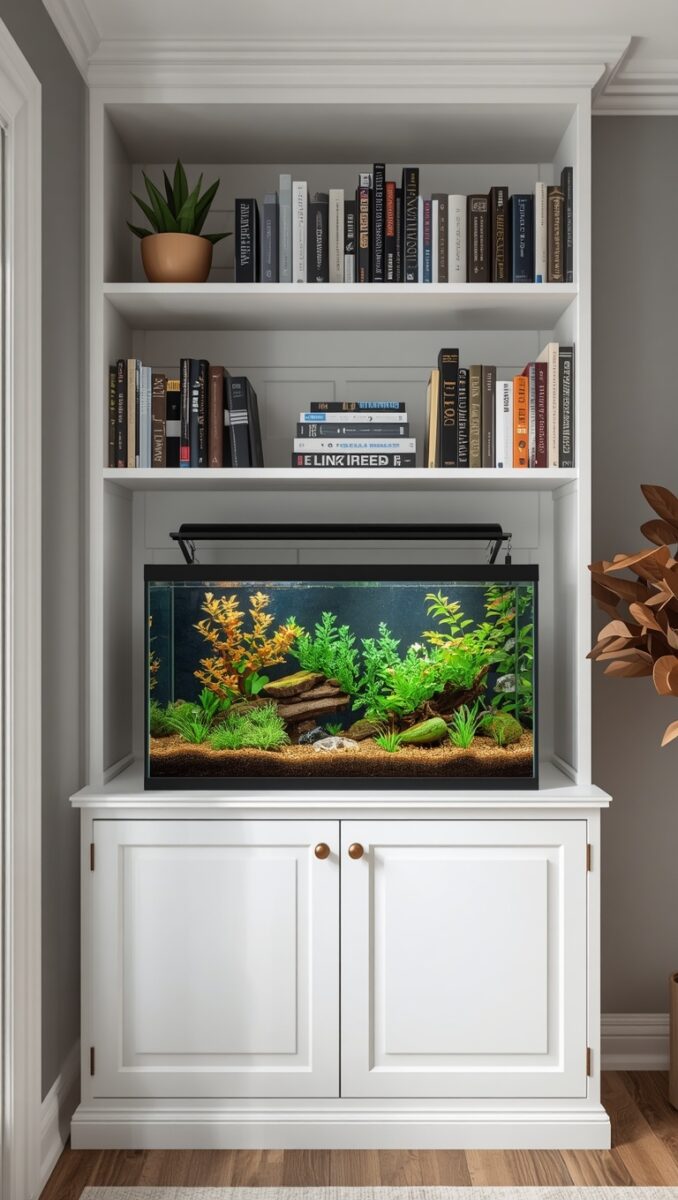 Built-in white bookshelf with integrated freshwater planted aquarium on white cabinet with double doors